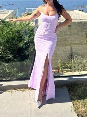Lilac lace slit corset evening gown/wedding guest/bridesmaid dress